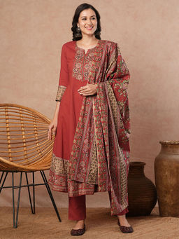 FASHOR - Floral Printed Embroidered Anarkali Kurta with Pant and Dupatta (Set of 3)