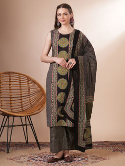 FASHOR - Black Ajrakh Printed Embroidered Kurta with Palazzo and Dupatta (Set of 3)
