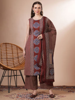 FASHOR - Brown Ajrakh Printed Embroidered Kurta with Palazzo and Dupatta (Set of 3)