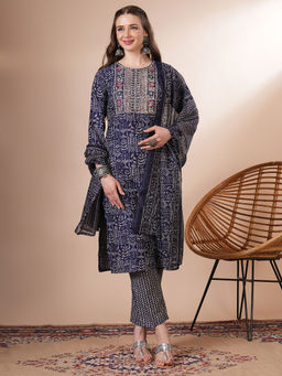 FASHOR - Blue Printed and Embroidered Kurta with Pant and Dupatta (Set of 3)