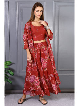 W - Red Floral Printed Crop Top with Flared Palazzo and Jacket (Set of 3)