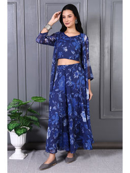 W - Blue Floral Printed Crop Top with Flared Palazzo and Jacket (Set of 3)