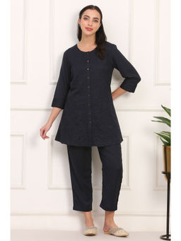 W - Navy Blue Solid Embroidered Rayon Co-Ord (Set of 2)