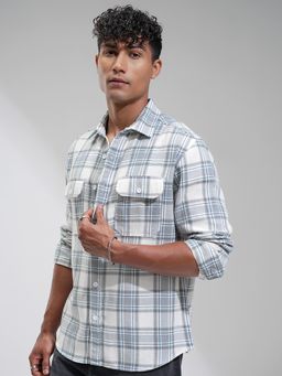HIGHLANDER - Men Off White & Blue Herringbone Checked Relaxed Overshirt