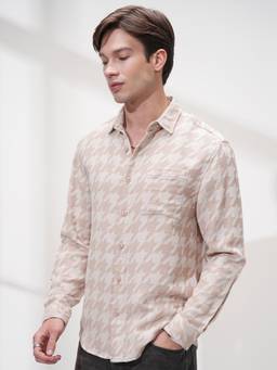 HIGHLANDER - Men Beige Jacquard Printed Relaxed Shirt