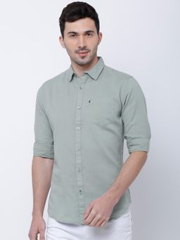 HIGHLANDER - Men Green Cotton Linen Solid Slim Fit Casual Shirt
