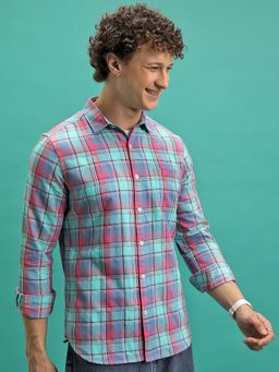 HIGHLANDER - Men Pink & Aqua Blue Regular Collar Full Sleeve Striped Shirt
