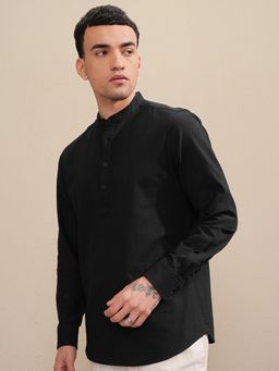 HIGHLANDER - Men Black Solid Mandarin Collar Half Placket Roll-Up Sleeve Casual Shirt