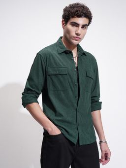 HIGHLANDER - Men Green Corduroy Textured Relaxed Fit Shirt