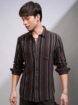 HIGHLANDER - Men Brown Cord Dobby Relaxed Casual Shirt