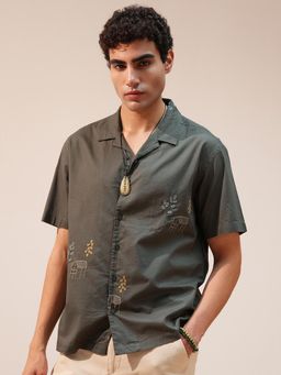 HIGHLANDER - Men Olive Embroidered Cuban Collar Relaxed Fit Shirt
