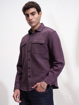 HIGHLANDER - Men Purple Jacquard Textured Relaxed Fit Overshirt