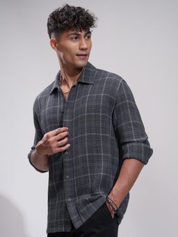 HIGHLANDER - Men Grey Mock lino Dobby Textured Checked Relaxed Overshirt