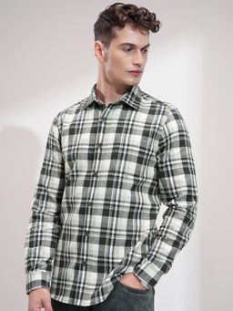 HIGHLANDER - Men Off White & Olive Checked Relaxed Shirt