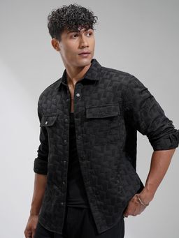 HIGHLANDER - Men Black Jacquard Textured Solid Relaxed Shirt