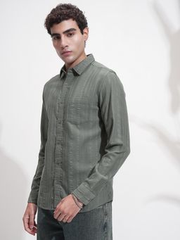 HIGHLANDER - Men Olive Dobby Textured Casual Slim Fit Shirt
