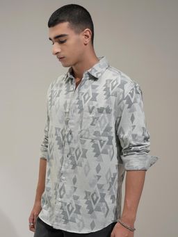 HIGHLANDER - Men Sea Green Abstract Jacquard Relaxed Shirt