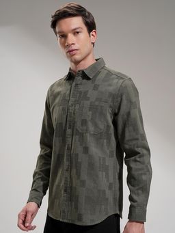 HIGHLANDER - Men Olive Dobby Textured Casual Shirt