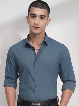HIGHLANDER - Men Blue Dobby Textured Shirt