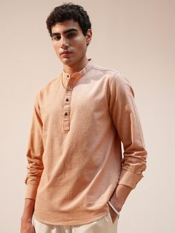 HIGHLANDER - Men Orange Cotton Linen Solid Mandarin Neck Relaxed Fit Shirt