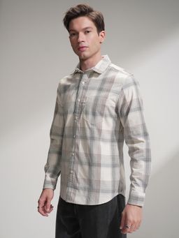 HIGHLANDER - Men Cream & Grey Flannel Checked Casual Slim Fit Shirt