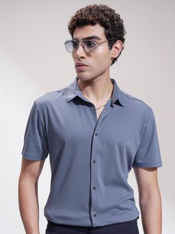 HIGHLANDER - Men Blue Knitted Slim Fit Shirt