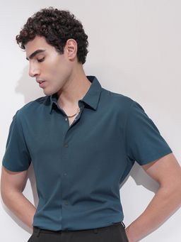 HIGHLANDER - Men Teal Knitted Slim Fit Shirt