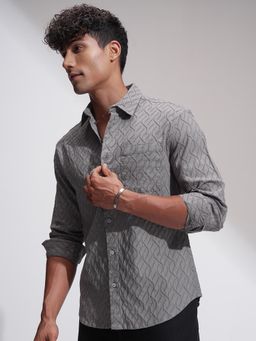 HIGHLANDER - Men Grey Jacquard Embroidered Relaxed Fit Shirt