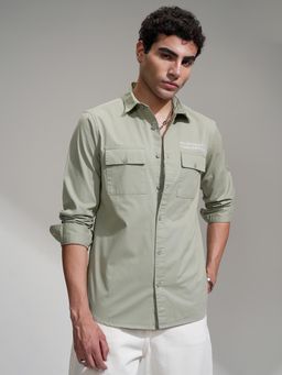 HIGHLANDER - Men Green Logo Printed Casual Slim Fit Shirt