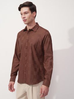 HIGHLANDER - Men Coffee Brown Dobby Printed Slim Fit Shirt