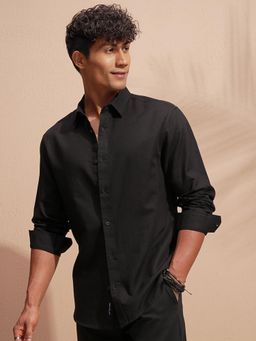 HIGHLANDER - Men Black Cotton Linen Casual Relaxed Fit Shirt