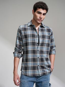 HIGHLANDER - Men Blue Grey Checked Casual Slim Fit Shirt
