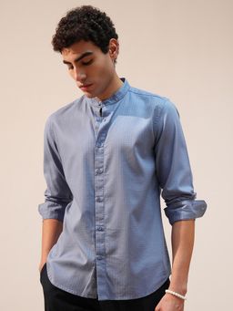 HIGHLANDER - Men Blue Dobby Textured Mandarin Neck Casual Slim Fit Shirt
