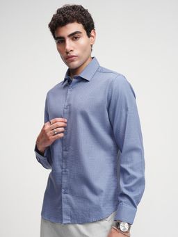 HIGHLANDER - Men Blue Dobby Textured Slim Fit Shirt