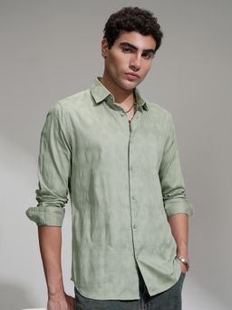 HIGHLANDER - Men Green Jacquard Textured Casual Slim Fit Shirt