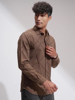 HIGHLANDER - Men Coffee Brown Jacquard Textured Casual Slim Fit Shirt