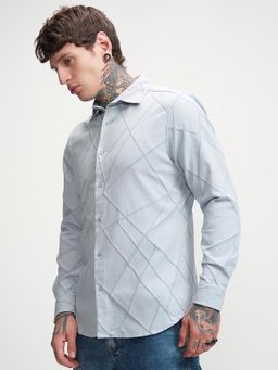 HIGHLANDER - Men Blue Jacquard Textured Casual Slim Fit Shirt