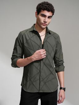 HIGHLANDER - Men Olive Jacquard Textured Casual Slim Fit Shirt