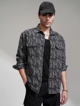 HIGHLANDER - Men Grey Flannel Jacquard Relaxed Fit Overshirt