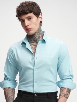 HIGHLANDER - Men Aqua Dobby Textured Striped Slim Fit Shirt