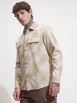 HIGHLANDER - Men Beige & Cream Flannel Jacquard Relaxed Overshirt