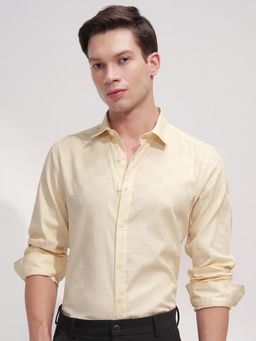 HIGHLANDER - Men Yellow Jacquard Textured Party Wear Slim Fit Shirt