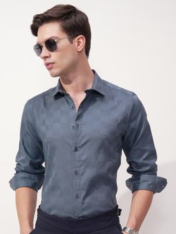 HIGHLANDER - Men Blue Jacquard Textured Party Wear Slim Fit Shirt