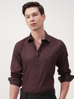 HIGHLANDER - Men Brown Jacquard Textured Party Wear Slim Fit Shirt