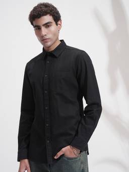 HIGHLANDER - Men Black Dobby Textured Striped Relaxed Fit Shirt