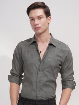 HIGHLANDER - Men Green Jacquard Textured Casual Slim Fit Shirt
