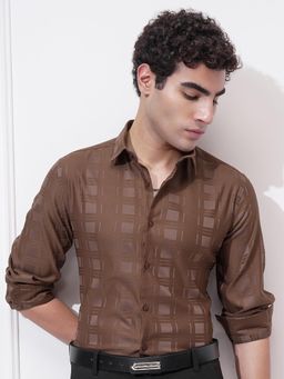 HIGHLANDER - Men Brown Jacquard Self Design Slim Fit Shirt