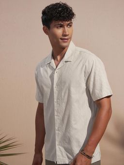 HIGHLANDER - Men Cream Dobby Textured Solid Cuban Collar Relaxed Fit Shirt