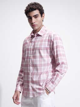 HIGHLANDER - Men Pink & White Popcorn Checked Button Down Casual Relaxed Fit Shirt