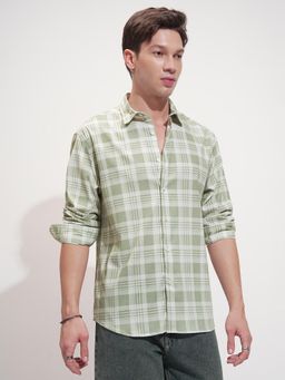 HIGHLANDER - Men Olive & White Popcorn Checked Button Down Casual Relaxed Fit Shirt